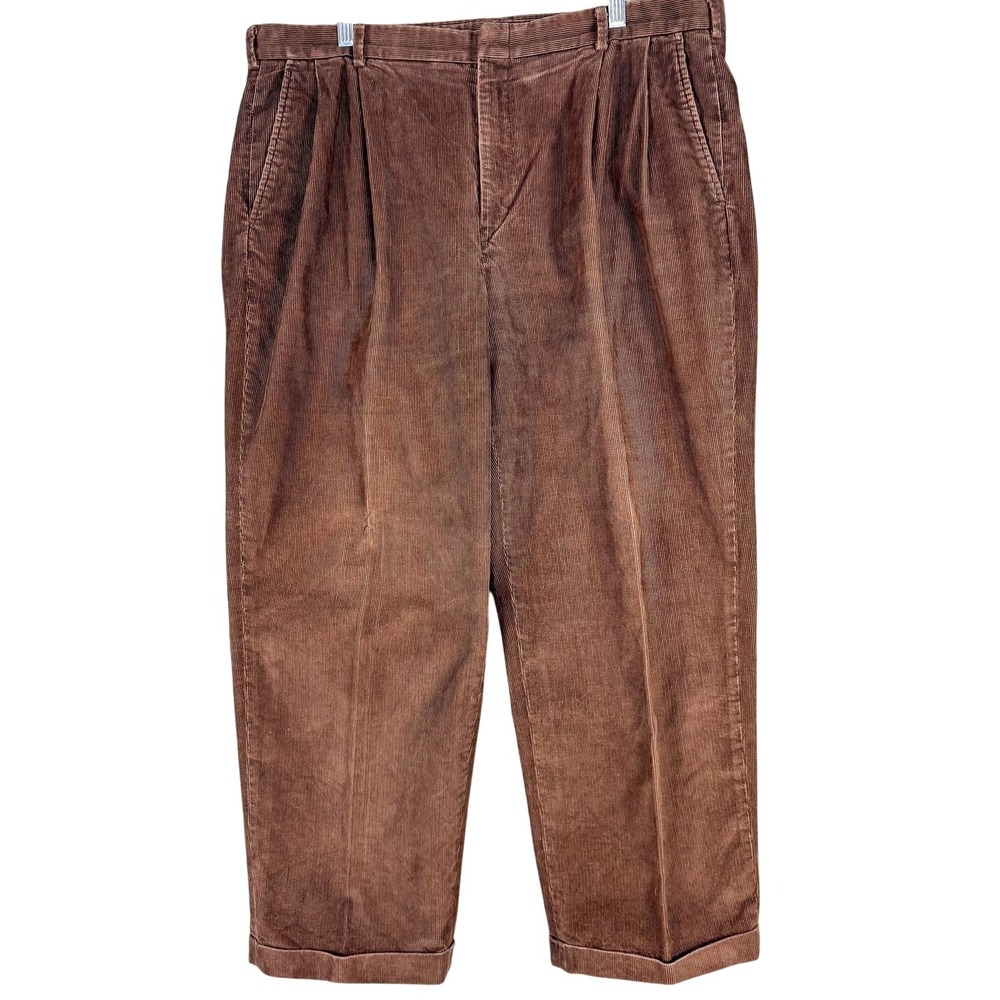 Vintage Lands End Corduroy Dress Pants Mens 38x27 Brown Pleated Cuffed Relaxed‎